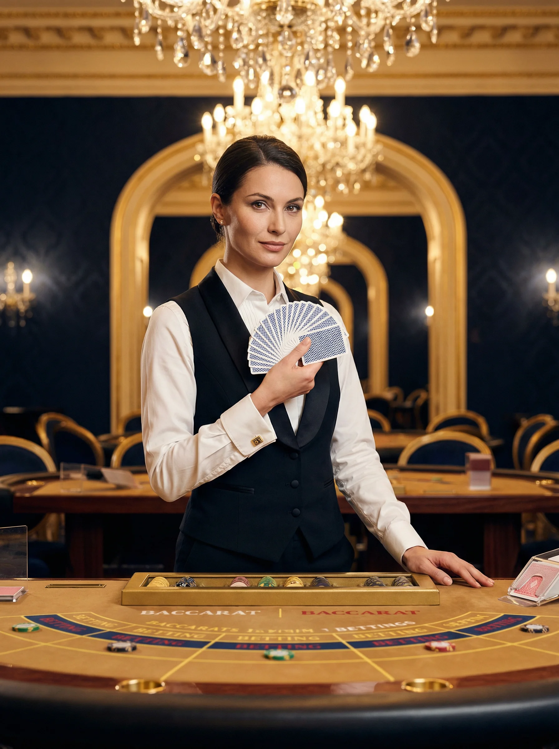 专业优雅的荷官在 ag百家乐 牌桌前服务，展现卓越风采