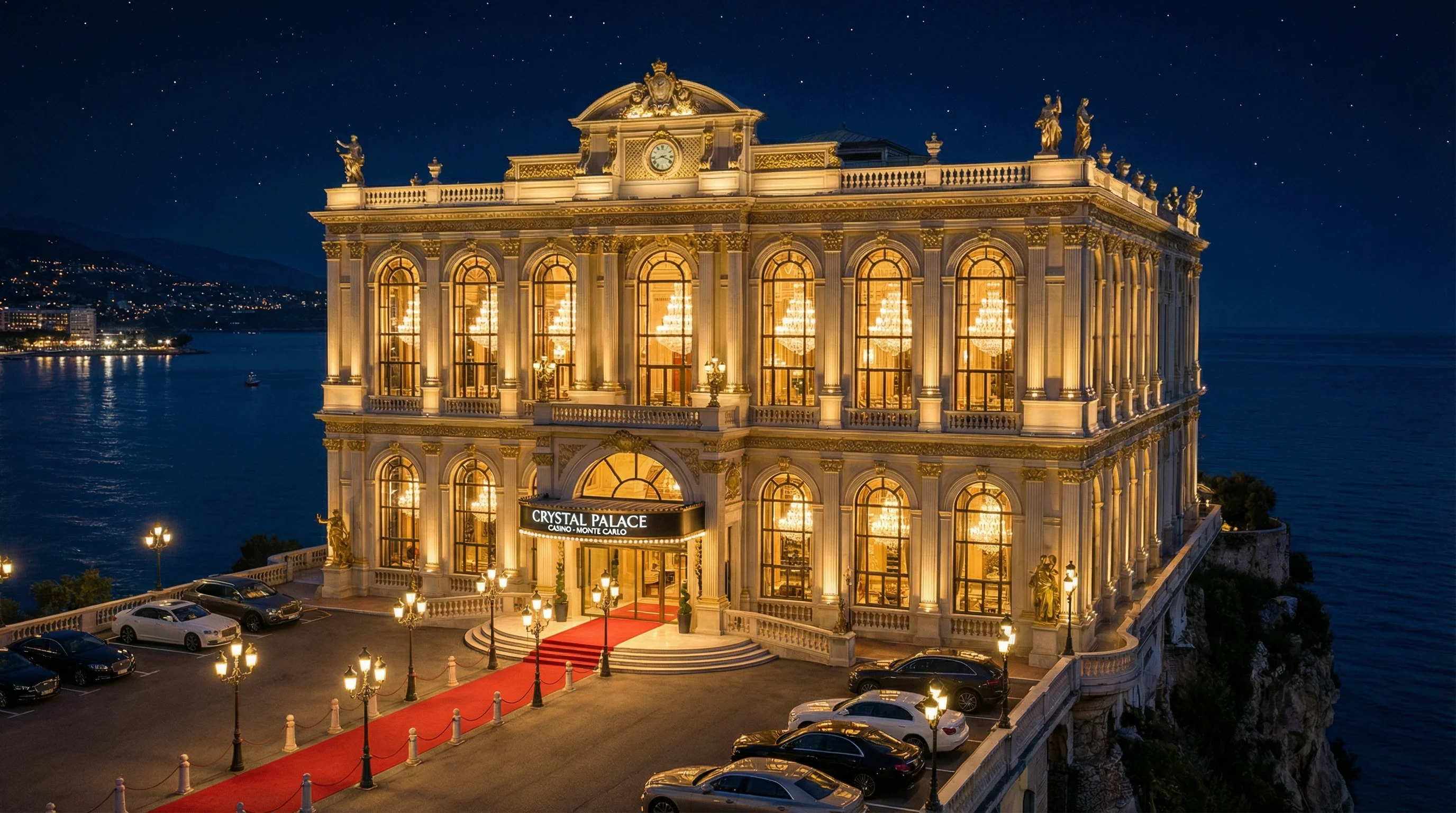蒙特卡洛夜景下的水晶宫殿，彰显 ag百家乐 的奢华氛围